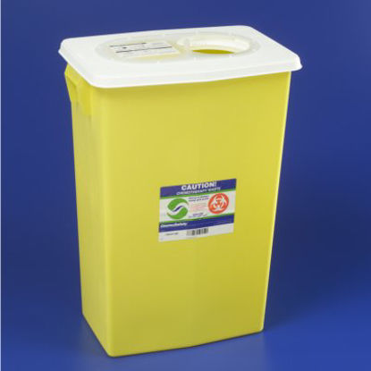 Picture of Chemotherapy Waste Container SharpSafety™ 26 H X 12-3/4 D X 18-1/4 W Inch 18 Gallon Yellow Base / White Lid Vertical Entry Gasketed Sliding Lid8939PG2