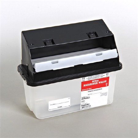 Picture of RCRA Waste Container SharpSafety™ 11 H X 6 D X 13 W Inch 1.25 Gallon Black Base / White Lid Horizontal Entry Counter Balanced Door Lid8605RC