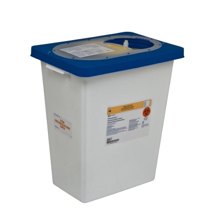 Picture of Pharmaceutical Waste Container PharmaSafety™ 17-3/4 H X 11 W X 15-1/2 D Inch 8 Gallon White Base / Blue Lid Vertical Entry Gasketed Sliding Lid8851