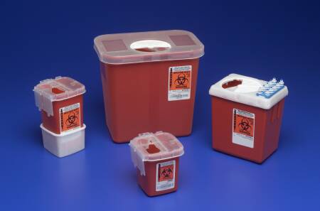 Picture of Sharps Container AutoDrop™ 10 H X 7-1/4 W X 10-1/2 D Inch 2 Gallon Red Base / Translucent Lid Vertical Entry Rotating Lid1525SA