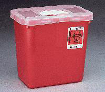Picture of Sharps Container 10 H X 10-1/2 W X 7-1/4 D Inch 2 Gallon Red Base / Translucent Lid Vertical Entry Rotating Lid15704-203