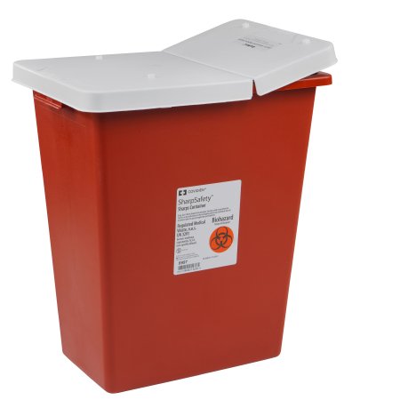 Picture of Sharps Container SharpSafety™ 18-3/4 H X 18-1/4 W X 12-3/4 D Inch 12 Gallon Red Base / White Lid Vertical Entry Gasketed Hinged Lid8932