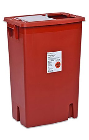 Picture of Sharps Container SharpSafety™ 26 H X 18-1/4 W X 12-3/4 D Inch 18 Gallon Red Base / White Lid Vertical Entry Gasketed Sliding Lid8998SPG2