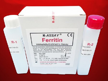 Picture of Reagent Kit K-ASSAY® Nutritional Assessment / Anemia Assay Ferritin For use with Roche / Hitachi 917 or other Chemistry Analyzers 111 Tests R1 Buffer: 1 X 18 mL, R2 Antibody: 1 X 9 mLKAI-095
