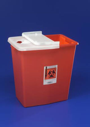 Picture of Sharps Container SharpSafety™ 18-3/4 H X 18-1/4 W X 12-3/4 D Inch 12 Gallon Red Base / White Lid Vertical Entry Gasketed Sliding Lid8936SA