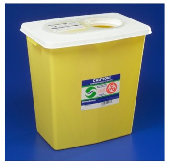 Picture of Chemotherapy Waste Container SharpSafety™ 17-3/4 H X 11 W X 15-1/2 D Inch 8 Gallon Yellow Base / White Lid Vertical Entry Gasketed Sliding Lid8985S