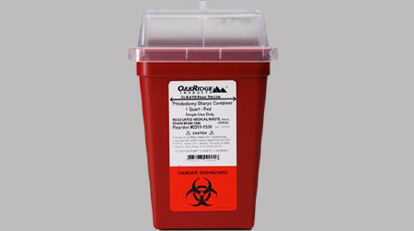 Picture of Sharps Container OakRidge™ 7-1/2 H X 4-1/2 W X 4-1/2 L Inch 1 Quart Red Base / Translucent Lid Vertical Entry Sliding Lid0310-1500