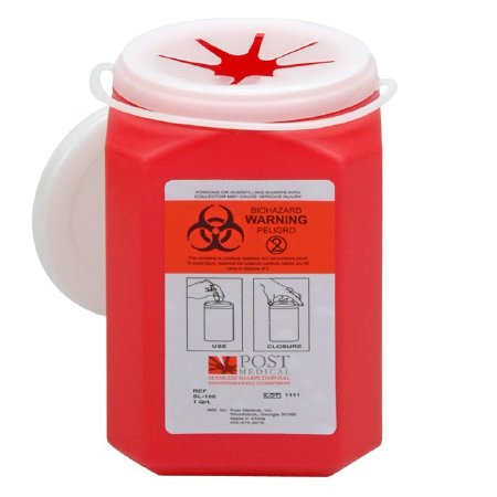 Picture of Sharps Container Leaktight 3-3/4 W X 4-1/2 L X 6 H Inch 1 Quart Red Base / White Lid Vertical Entry Snap On LidSL100