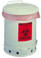 Picture of Biohazard Waste Container Justrite® 15-7/8 H X 11-7/8 Diameter Inch 6 Gallon White Base / White Lid Vertical Entry Gasketed Foot Pedal Lid56617-830