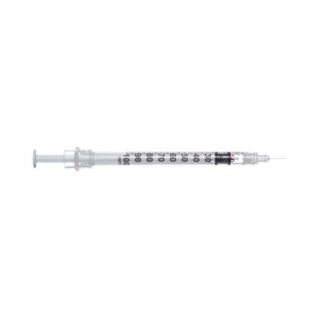 Picture of Insulin Syringe with Needle Sol-Care™ 1 mL 28 Gauge 1/2 Inch Attached Needle Retractable Needle100071IM