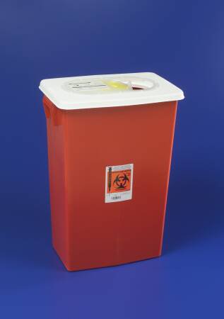 Picture of Sharps Container SharpSafety™ 26 H X 18-1/4 W X 12-3/4 D Inch 18 Gallon Red Base / White Lid Vertical Entry Gasketed Sliding Lid8998S