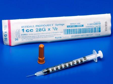 Picture of Tuberculin Syringe with Needle Monoject™ 1 mL 28 Gauge 1/2 Inch Attached Needle Without Safety1180128012