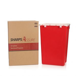 Picture of Mailback Sharps Container Intro Kit Sharps Assure 13 L X 17-3/10 W X 24-3/5 H Inch 18 Gallon Red Base / White Lid Vertical EntrySA18GU
