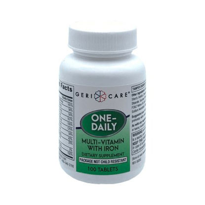 Picture of Multivitamin Supplement with Minerals Geri-Care Vitamin A, Ascorbic Acid, Vitamin D-3, Thiamin, Riboflavin, Niacin, Vitamin B-6, Vitamin B-12, Pantothenic Acid, Iron (ferrous sulfate) 5000 IU, 50 mg, 400 IU, 2 mg, 2.5 mg, 20 mg, 1 mg, 1 mcg, 1 mg, 18 mg Tablet 100 per Bottle Unflavored521-01-GCP