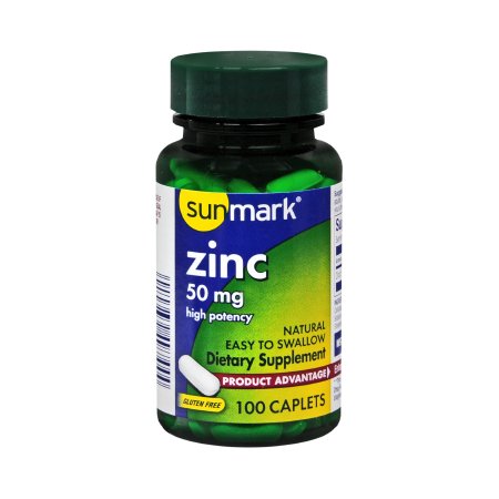 Picture of Mineral Supplement sunmark® 1 Caplet: Zinc / Zinc Gluconate / Microcrystalline Cellulose / Dicalcium Phosphate / Croscarmellose Sodium / Stearic Acid / Hypromellose / Magnesium Stearate / Polyethylene Glycol / Natural Flavor 50 mg Strength Caplet 100 per Bottle01093990544