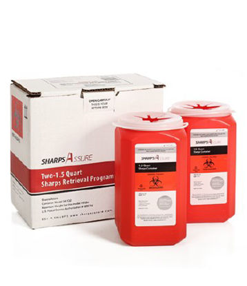 Picture of Mailback Sharps Container Sharps Assure 3-3/4 L X 3-3/4 W X 7 H Inch 1.5 Quart Red Base / Translucent White Lid Vertical EntrySA1Q2