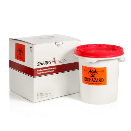 Picture of Mailback Sharps Container Sharps Assure 14 H X 15 W X 14 l Inch 5 Gallon White Base / Red Lid Horizontal / Vertical Entry Screw On LidSA5G
