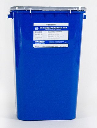 Picture of Pharmaceutical Waste Container Bemis™ Sentinel 22-1/2 H X 16-1/2 L X 11-13/16 W Inch 11 Gallon Blue Base / White Lid Horizontal / Vertical Entry Gasketed Hinged Lid4011 050