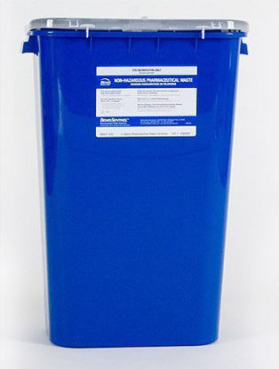 Picture of Pharmaceutical Waste Container Bemis™ Sentinel 22-1/2 H X 16-1/2 L X 11-13/16 W Inch 11 Gallon Blue Base / White Lid Horizontal / Vertical Entry Gasketed Hinged Lid4011 050