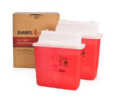 Picture of Mailback Sharps Container Sharps Assure 12-1/4 L X 4-3/4 W X 10-1/2 H Inch 5.4 Quart Translucent Red Base / Translucent White Lid Horizontal EntrySA5QU2
