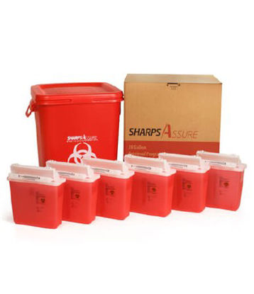 Picture of Mailback Sharps Container Sharps Assure 18.9 L X 18.9 W X 22.9 H Inch / 12.25 L X 4-3/4 W X 10.5 H Inch 5.4 Quart Translucent Red Base / Translucent Red Lid Horizontal / Vertical Entry Counter Balanced Door LidSA28GU-5Q