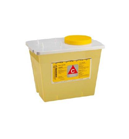 Picture of Chemotherapy Waste Container Bemis™ Sentinel 9 H X 7-3/4 W X 11-5/8 L Inch 2 Gallon Yellow Base / White and Yellow Lid Vertical Entry Gasketed Screw On Lid202 040