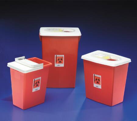 Picture of Sharps Container SharpSafety™ 17-3/4 H X 11 W X 15-1/2 D Inch 8 Gallon Red Base / White Lid Horizontal Entry Gasketed Sliding Lid8997S