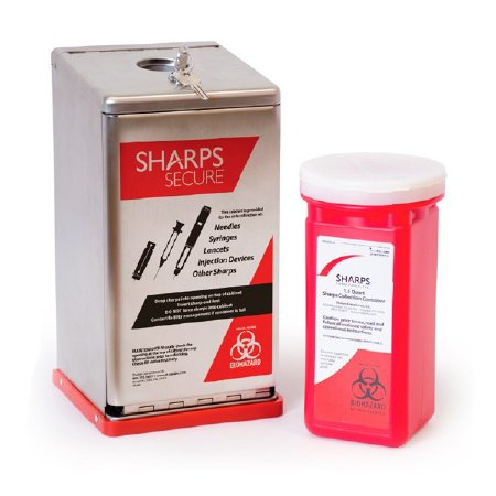 Picture of Needle Disposal Container Sharps Secure 8.62 H X 4.5 W X 4.5 L Inch 1.5 Quart Red Base / White Lid Vertical Entry Tethered Snap On Lid50060-004