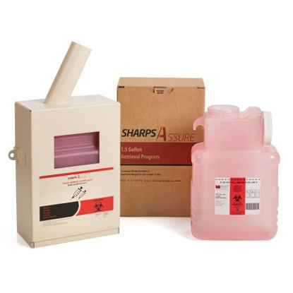 Picture of Mailback Sharps Container Intro Kit Sharps Assure 7-3/4 L X 3.875 W X 12.25 H Inch 1.5 Gallon Translucent Red Base / White Lid Horizontal / Vertical Entry Screw On LidSA150GUI