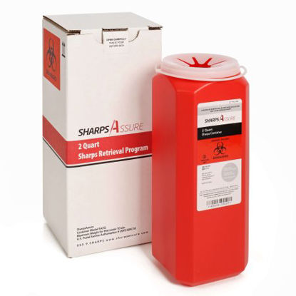 Picture of Mailback Sharps Container Sharps Assure 3-3/4 L X 3-3/4 W X 10 H Inch 0.5 Gallon Red Base / Translucent White Lid Vertical Entry Screw On LidSA2Q