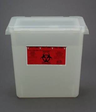 Picture of Sharps Container Bemis™ Sentinel 13-1/2 H X 13-7/8 L X 6-7/8 W 3 Gallon Translucent Base / Translucent Lid Horizontal Entry Flap Lid303 020