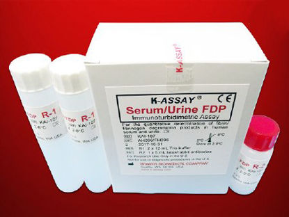 Picture of Reagent Kit K-ASSAY® Immunoturbidimetric Assay FDP For Automated Clinical Chemistry Analyzers 125 Tests (Serum), 138 Tests (Urine) R1 Buffer: 2 X 12 mL, R2 Antibody: 1 X 5 mLKAI-107