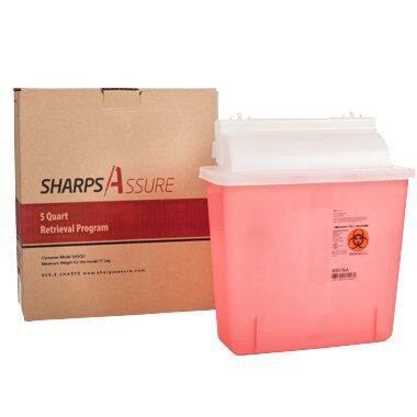 Picture of Mailback Sharps Container Sharps Assure 12-1/4 L X 4-3/4 W X 10-1/2 H Inch 5.4 Quart Translucent Red Base / Translucent White Lid Horizontal EntrySA5QU