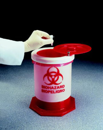 Picture of Biohazard Waste Container Thermo Scientific™ Nalgene™ 11 H X 8-3/4 Diameter Inch 1.5 Gallon White Base / Red Lid Vertical Entry Swivel Lid6370-0004