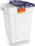Picture of Pharmaceutical Waste Container Recykleen™ 23-1/2 H X 20 W X 14-3/4 D Inch 17 Gallon White Base / Blue Lid Vertical Entry Gasketed Hinged Lid305028