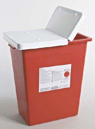 Picture of Sharps Container SharpSafety™ 17-3/4 H X 11 W X 15-1/2 D Inch 8 Gallon Red Base / White Lid Horizontal / Vertical Entry Gasketed Hinged Lid8997PG2