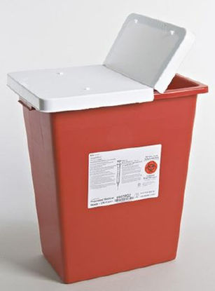Picture of Sharps Container SharpSafety™ 17-3/4 H X 11 W X 15-1/2 D Inch 8 Gallon Red Base / White Lid Horizontal / Vertical Entry Gasketed Hinged Lid8997PG2