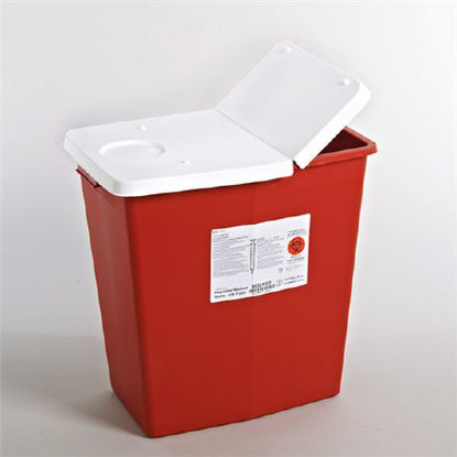 Picture of Sharps Container SharpSafety™ 18-3/4 H X 12-3/4 W X 18-1/4 D Inch 12 Gallon Red Base / White Lid Vertical Entry Gasketed Hinged Lid8932PG2
