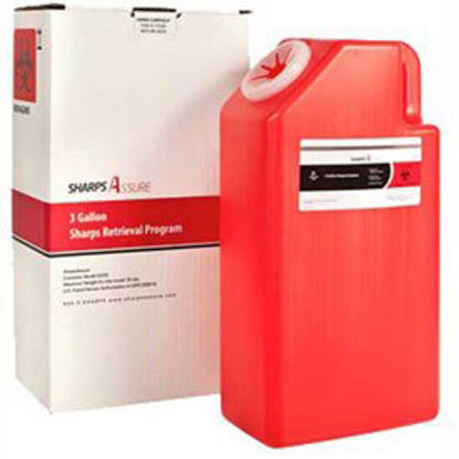 Picture of Mailback Sharps Container Sharps Assure 3 Gallon Red Base / Translucent Lid Vertical Entry Screw On LidSA3G-8