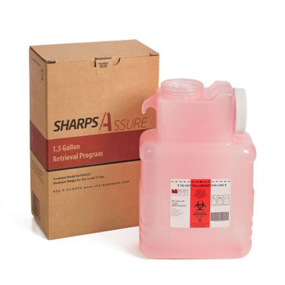 Picture of Mailback Sharps Container Sharps Assure 7-3/4 L X 3.875 W X 12.25 H Inch 1.5 Gallon Translucent Red Base / White Lid Horizontal / Vertical Entry Screw On LidSA150GU