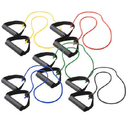 Picture of Exercise Resistance Tubing with Handles Set CanDo® Yellow / Red / Green / Blue / Black 36 Inch Length X-Light to X-Heavy Resistance10-5559