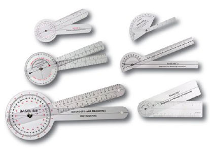 Picture of Goniometer Baseline® Transparent Plastic 0.3 X 5 X 12.5 Inch 12, 8, 6 Inch Arms, 360 & 180° Head Reads 1° Increments Inches and Centimeters12-1028