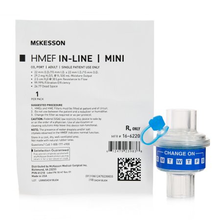 Picture of Heat and Moisture Exchanger with Filter McKesson 29.2 mg H2O/L @ VT 500 mL 2.5 cm H20 @ 30 Lpm16-6220