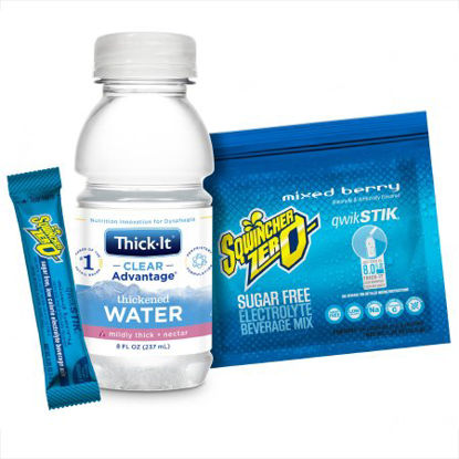 Picture of Thickened Water / Electrolyte Beverage Mix Clear Advantage® Thickened Water + Sqwincher® Qwik Stik® ZERO Combo Pack 8 oz. / 1.5 Gram Bottle / Individual Packet Mixed Berry Flavor Ready to Use / Powder Nectar ConsistencyB501-SQ044
