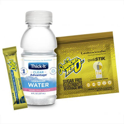 Picture of Thickened Water / Electrolyte Beverage Mix Clear Advantage® Thickened Water + Sqwincher® Qwik Stik® ZERO Combo Pack 8 oz. / 1.5 Gram Bottle / Individual Packet Lemonade Flavor Ready to Use / Powder Nectar ConsistencyB502-SQ044