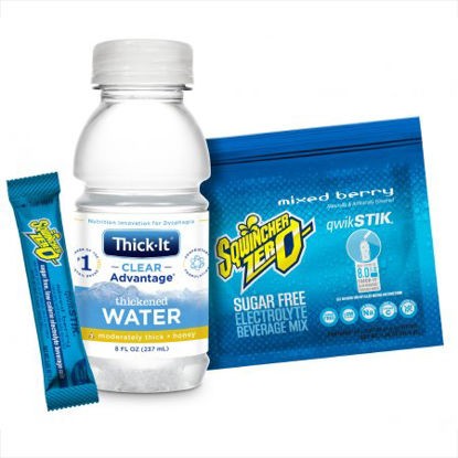 Picture of Thickened Water / Electrolyte Beverage Mix Clear Advantage® Thickened Water + Sqwincher® Qwik Stik® ZERO Combo Pack 8 oz. / 1.5 Gram Bottle / Individual Packet Mixed Berry Flavor Ready to Use / Powder Honey ConsistencyB503-SQ044