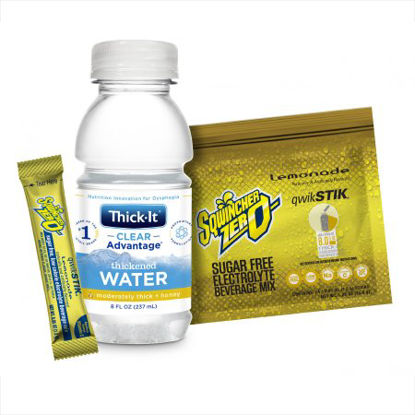 Picture of Thickened Water / Electrolyte Beverage Mix Clear Advantage® Thickened Water + Sqwincher® Qwik Stik® ZERO Combo Pack 8 oz. / 1.5 Gram Bottle / Individual Packet Lemonade Flavor Ready to Use / Powder Honey ConsistencyB504-SQ044