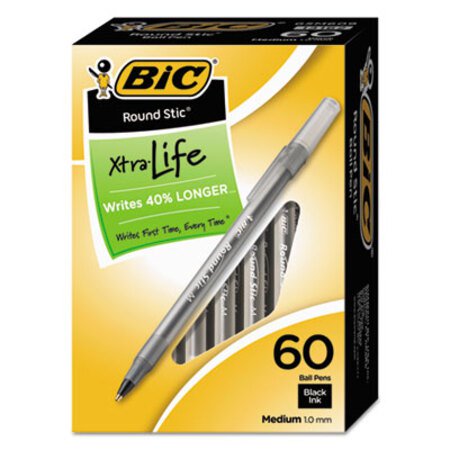 Picture of Round Stic Xtra Life Ballpoint Pen Value Pack, Stick, Medium 1 mm, Black Ink, Smoke Barrel, 60/BoxBIC-GSM609BK