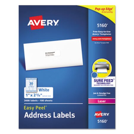 Picture of Easy Peel White Address Labels w/ Sure Feed Technology, Laser Printers, 1 x 2.63, White, 30/Sheet, 100 Sheets/BoxAVE-5160