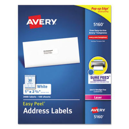 Picture of Easy Peel White Address Labels w/ Sure Feed Technology, Laser Printers, 1 x 2.63, White, 30/Sheet, 100 Sheets/BoxAVE-5160